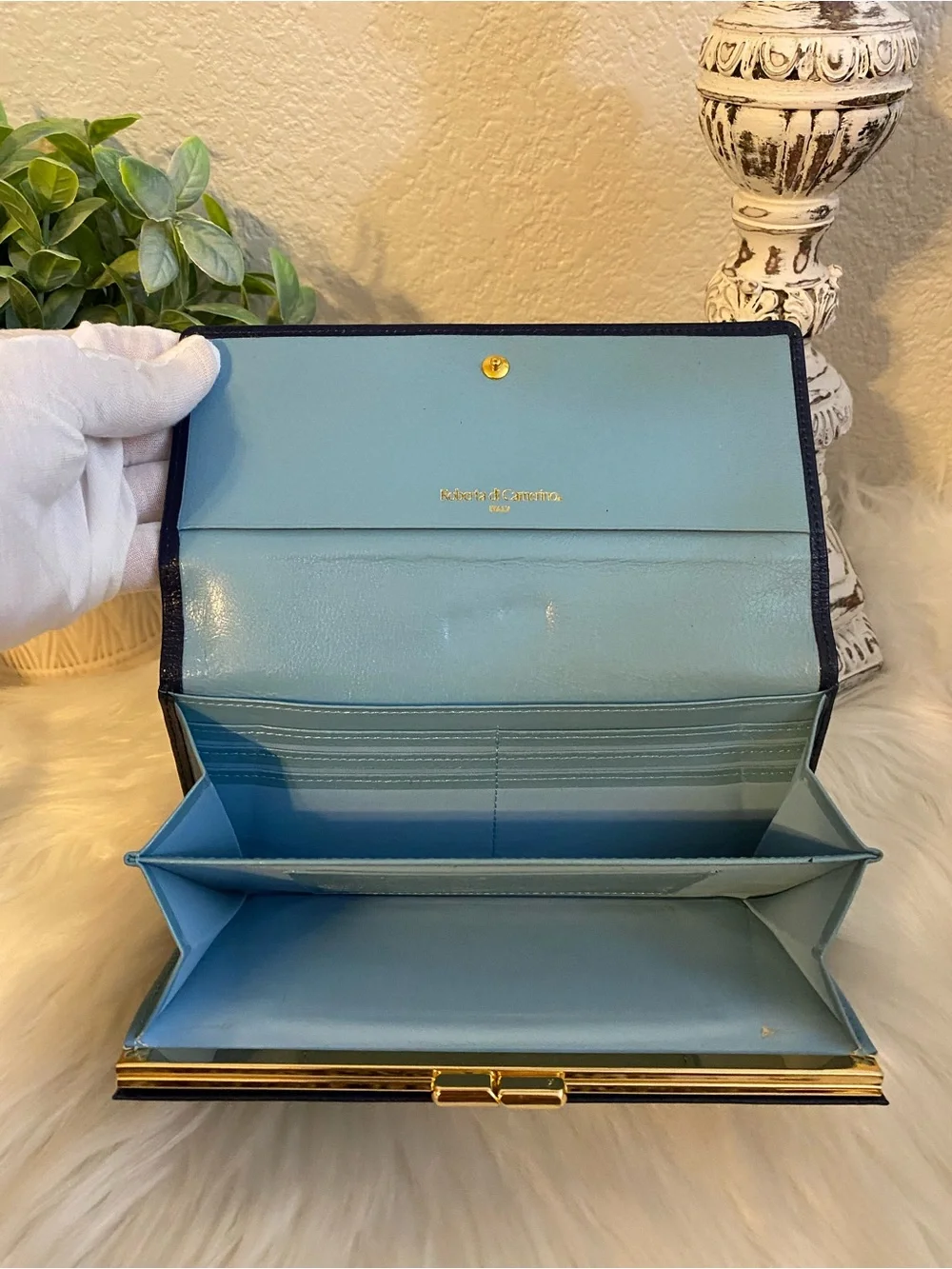 Roberta di Camerino Sky Blue Leather Belt-Motif Wallet with Navy Trim